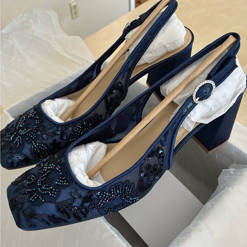 Betsey Johnson Navy Iridescent Beaded Floral Slingback Heels - Picture 2 of 9